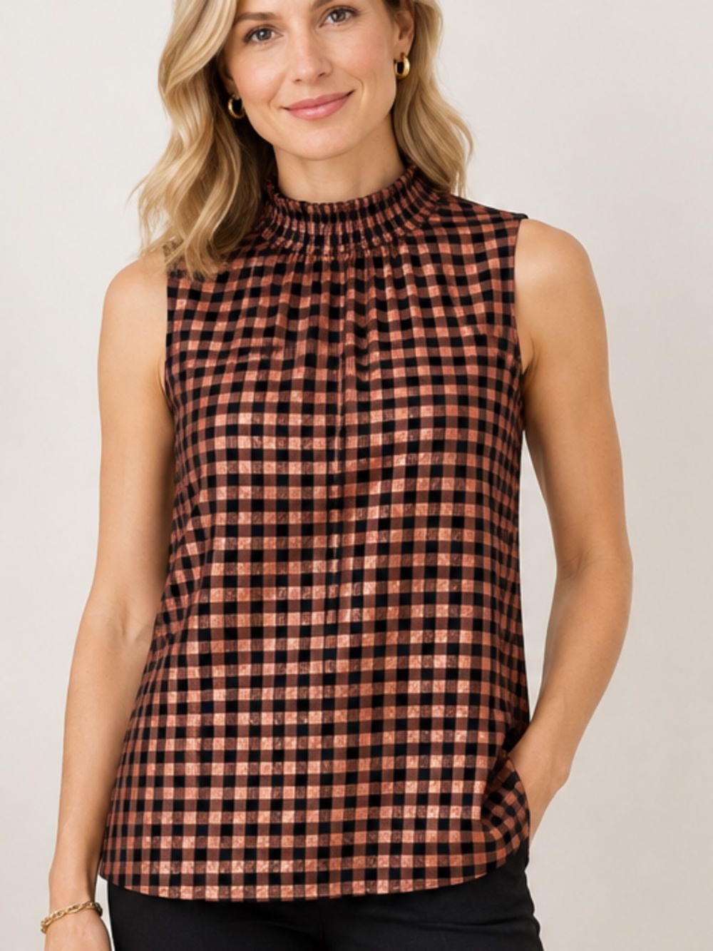 J. Crew sleeveless ruffleneck top in metallic copper and black, size small.